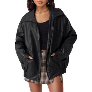 Women's Faux Black Leather Fabric Jacket Coat Winter Warm Style Zipper Closure